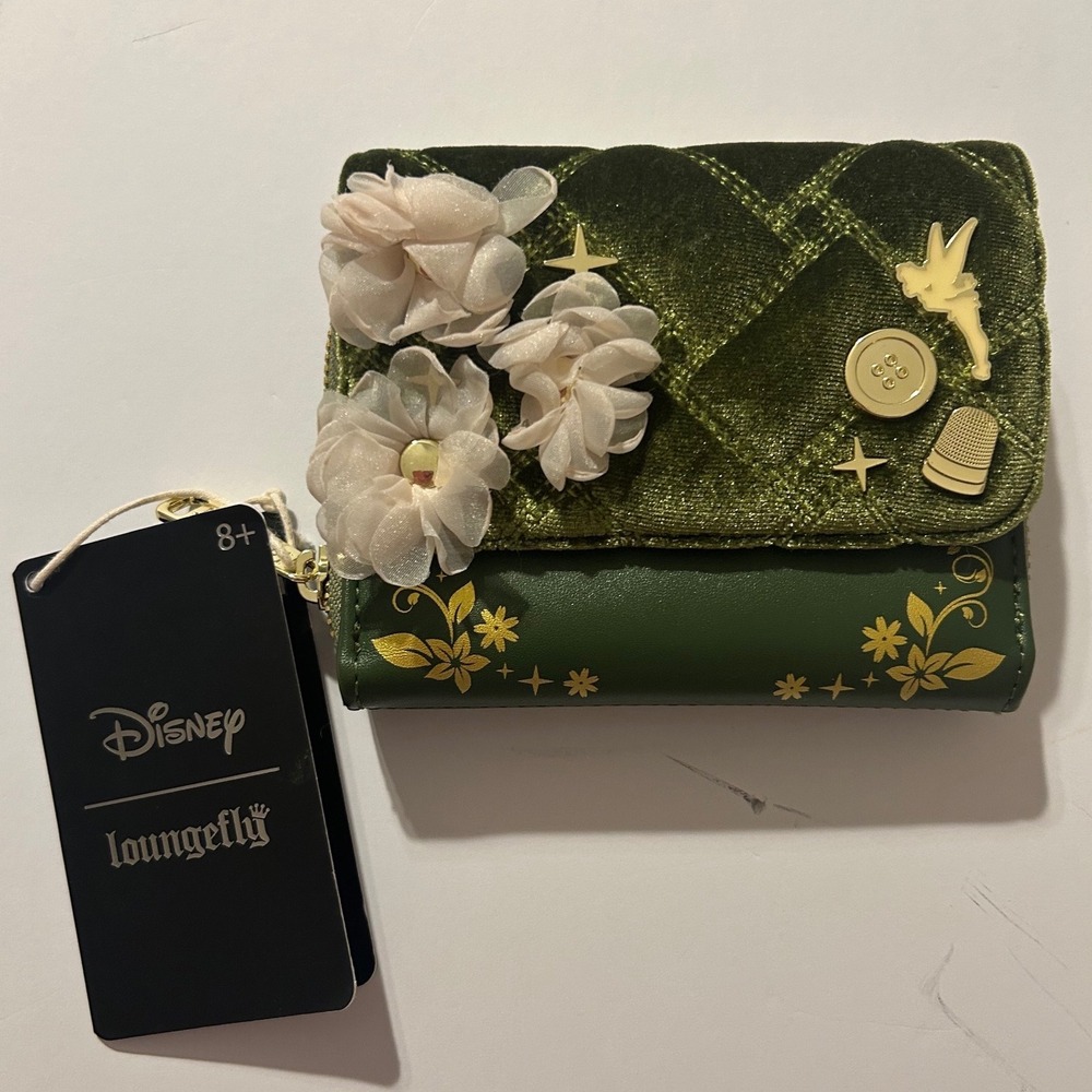 Loungefly Disney Tinker Bell Velvet Floral Flap Wallet Green Colletible Fairy